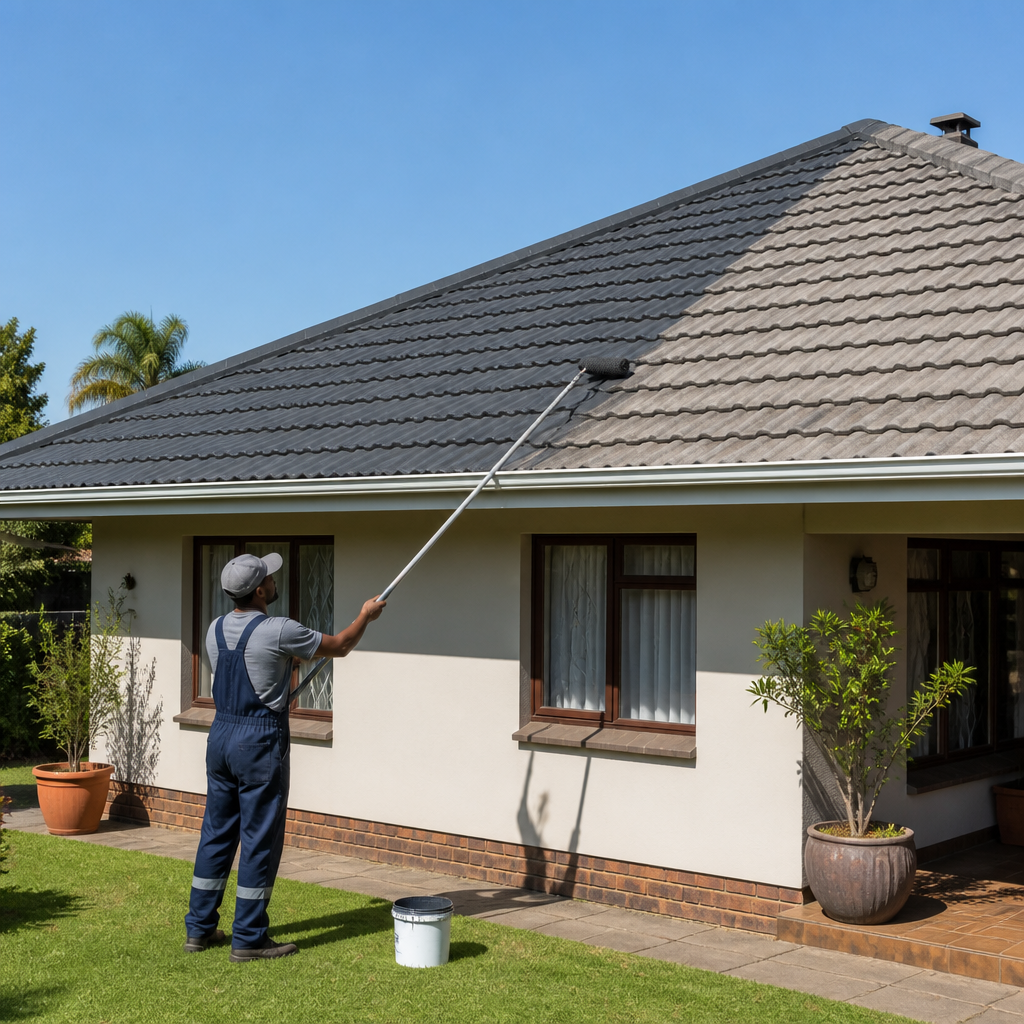 Half-coated South African tiled roof showing fresh charcoal roof paint next to faded old tiles, worker rolling on coating