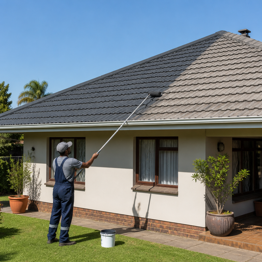 Half-coated South African tiled roof showing fresh charcoal roof paint next to faded old tiles, worker rolling on coating