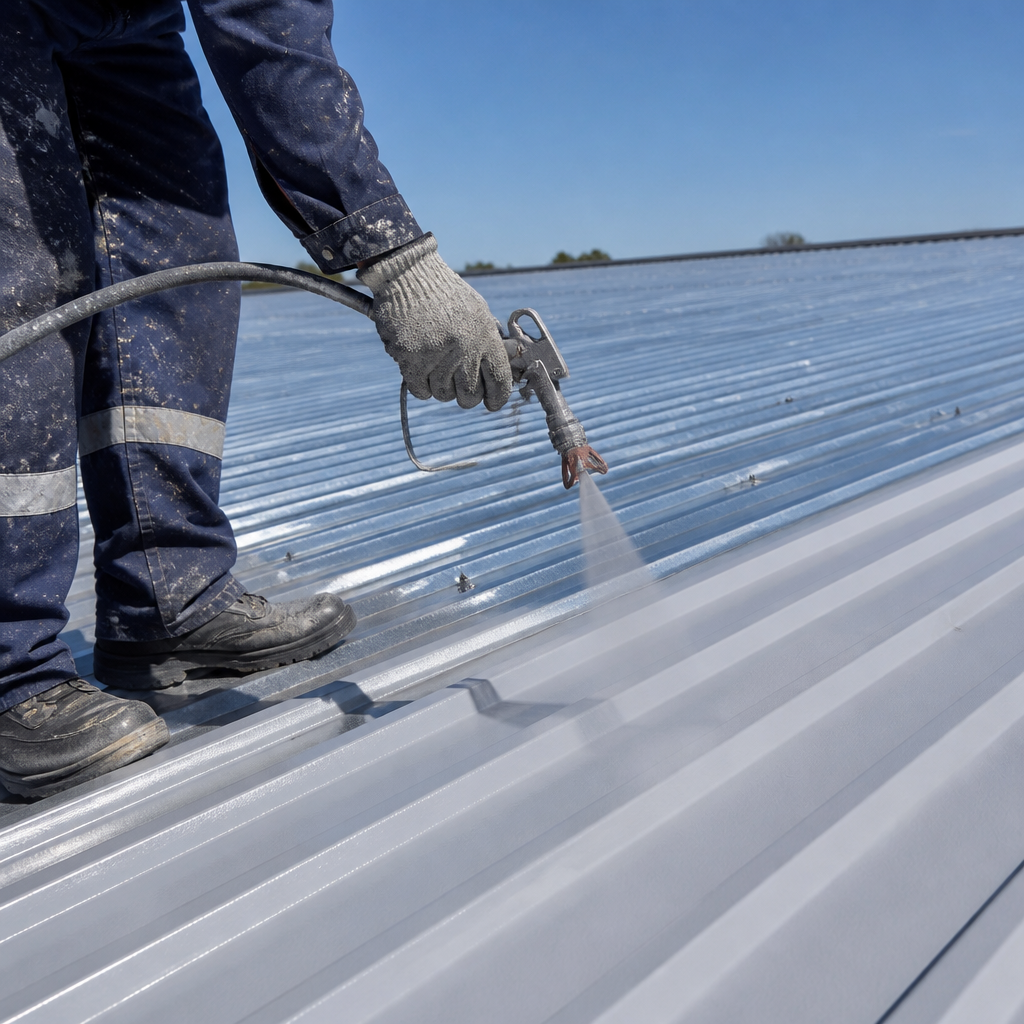 Worker spray-applying acrylic coating to a ribbed IBR and corrugated iron metal roof in South Africa