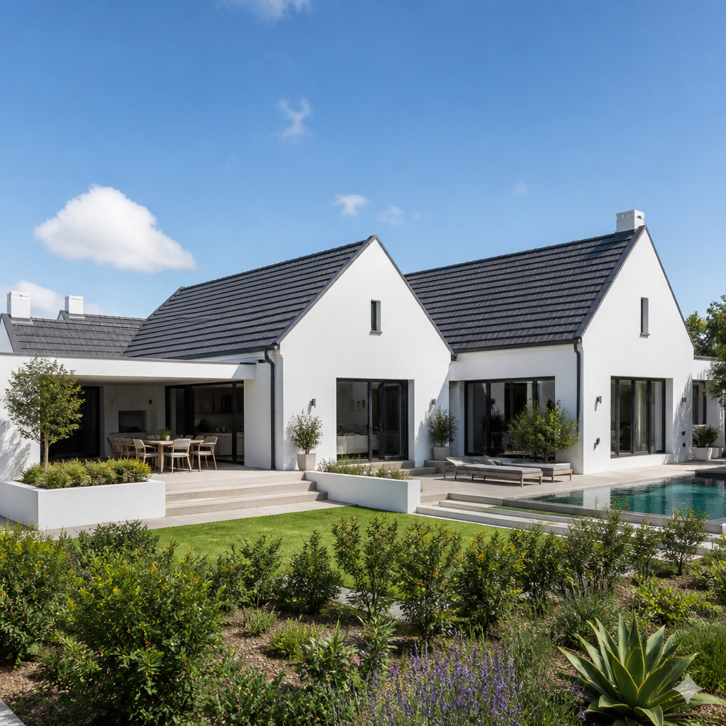 Modern South African home with a coordinated anthracite grey roof and white walls