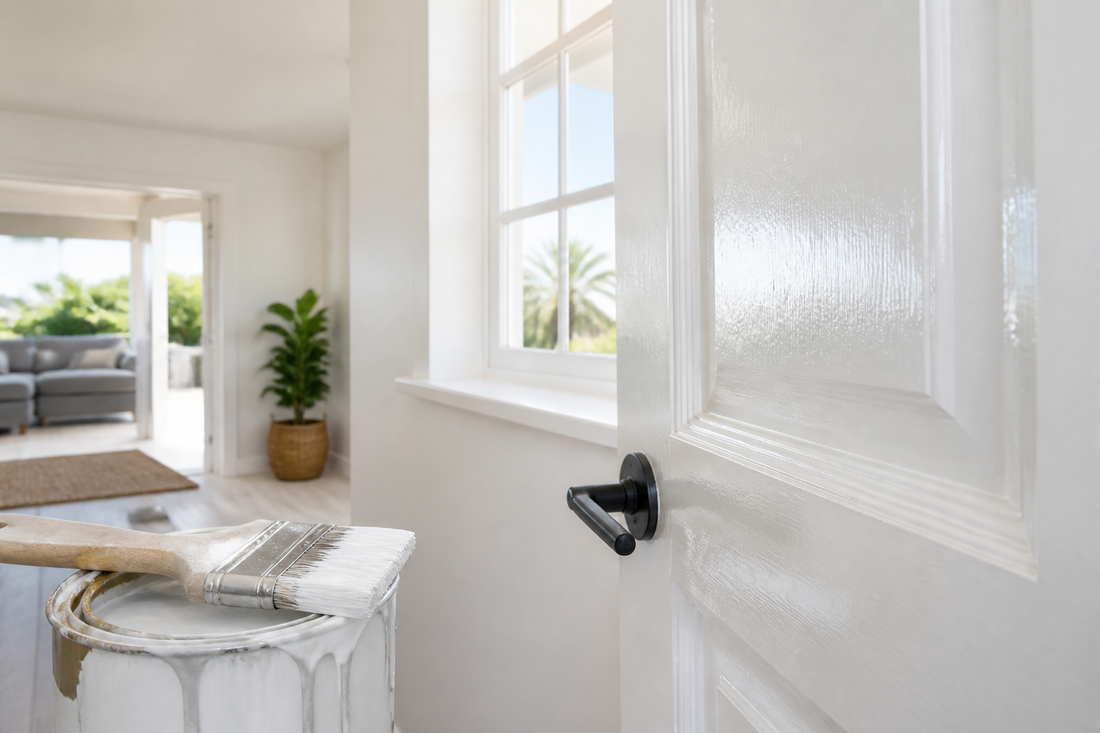 Freshly painted glossy white enamel door and window frame in a South African home