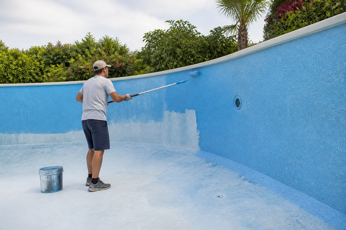 Painting the inside of an empty pool with a roller on an extension pole