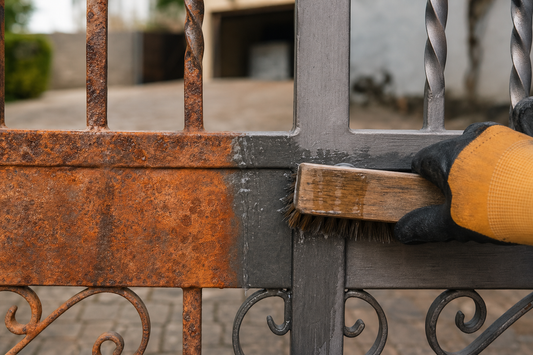 Removing rust from a steel gate with a block brush in South Africa
