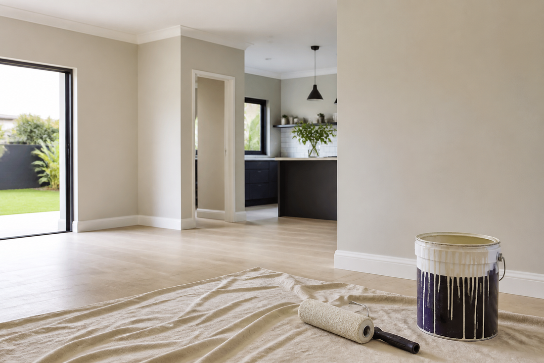 Freshly painted interior with neutral walls, paint tin and roller
