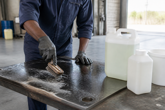 Degreasing a metal surface with a stiff brush in a workshop, next to concrete flooring