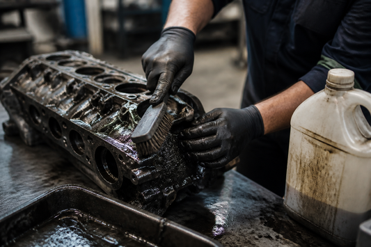 Heavy-duty degreasing of a greasy metal machine part in a workshop