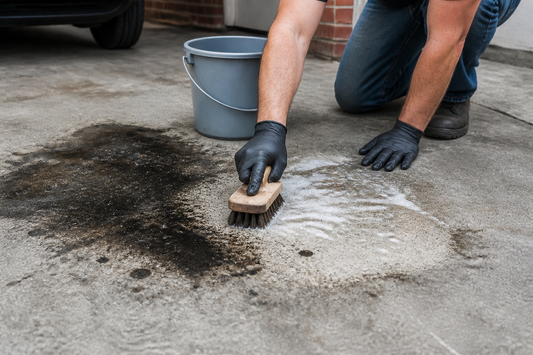 Scrubbing a dark oil stain off a grey concrete garage floor with a brush