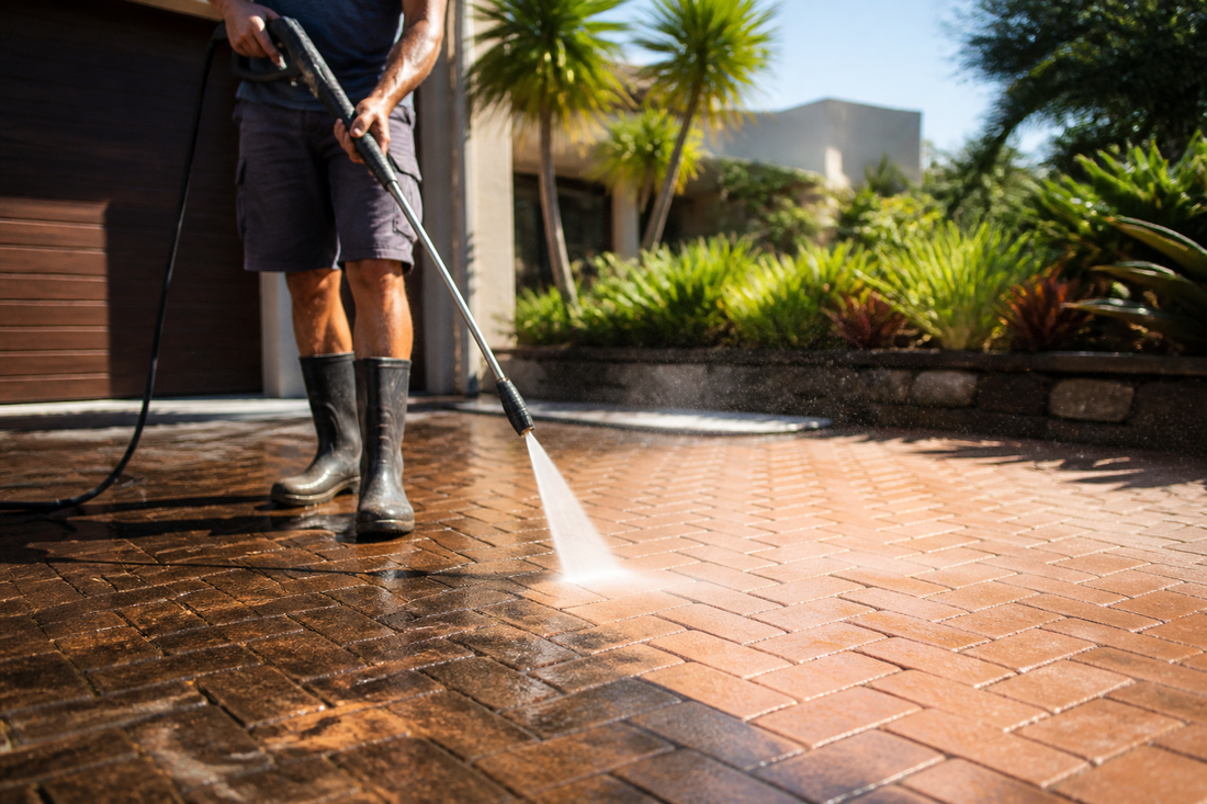 Pressure-washing a paved brick driveway revealing a clean stripe