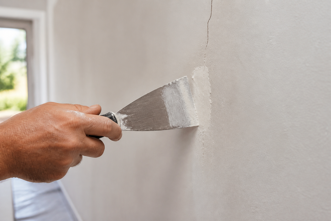 Filling a fine crack in a plastered wall with a filling knife before painting