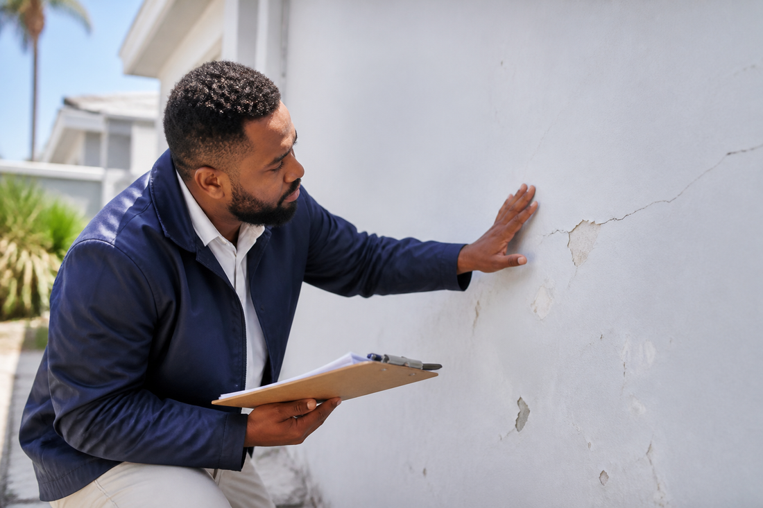 Professional inspecting an exterior wall for common paint problems before repainting