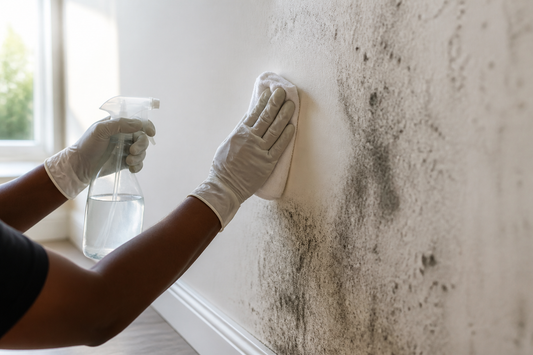 Cleaning black mould off a painted interior wall with a cloth and spray