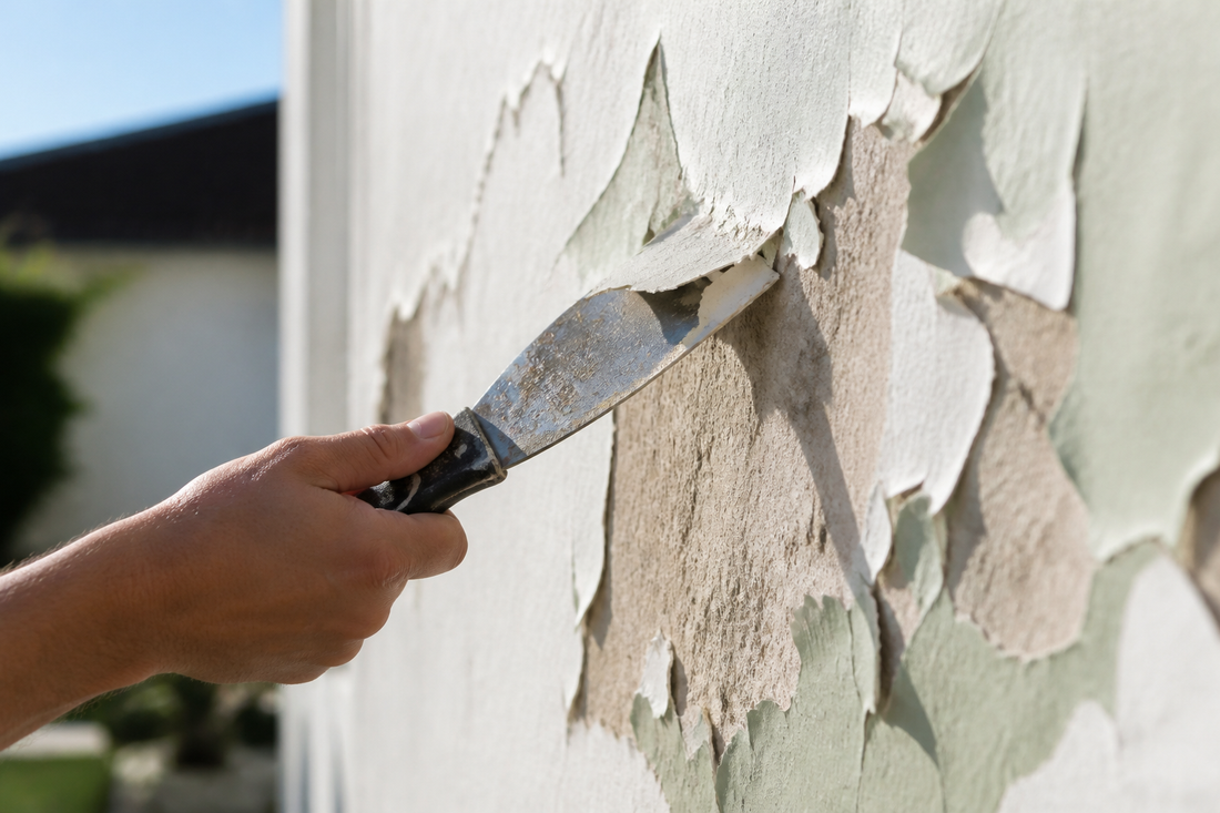 Scraping peeling and flaking paint off an exterior wall to prepare for repair