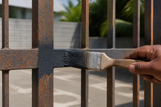 Brushing anti-rust converting primer onto a rusty steel railing