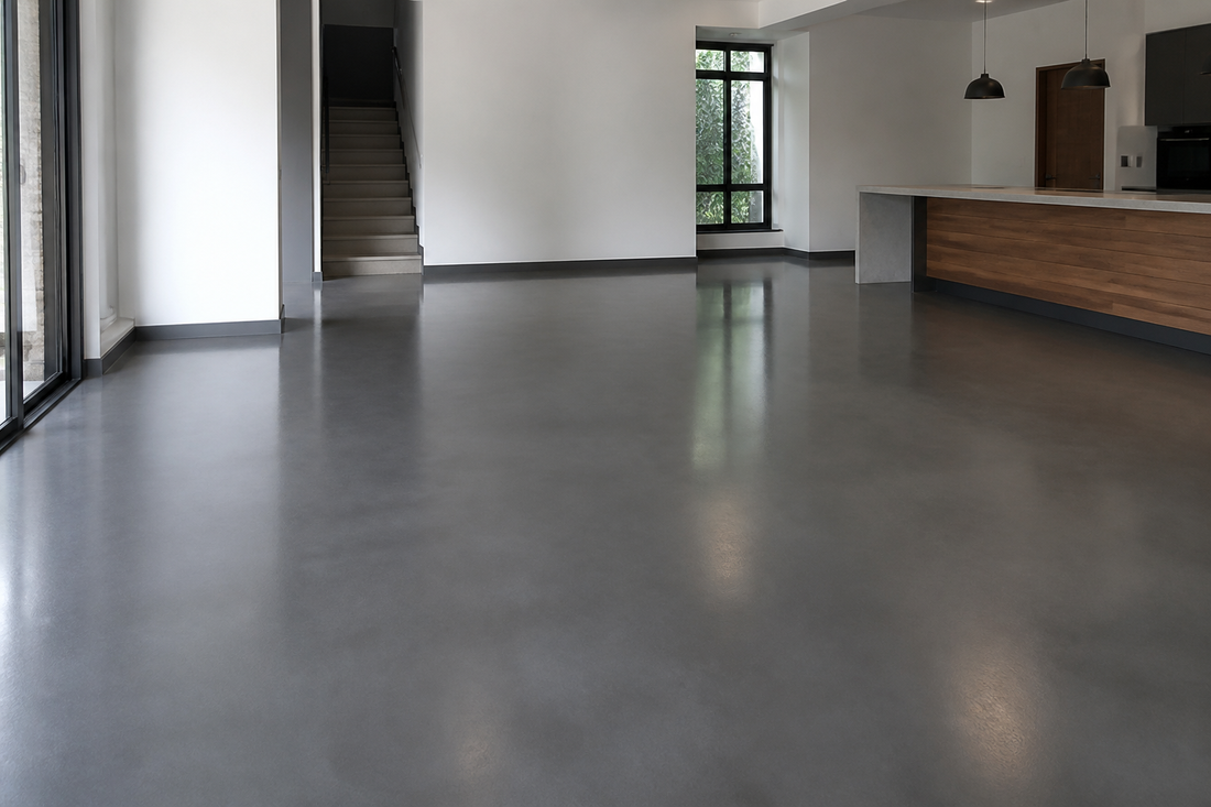 Charcoal grey painted concrete floor in a modern South African interior