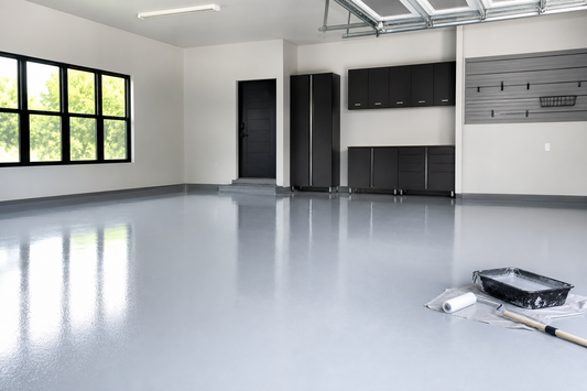 Glossy grey epoxy-style polyurethane coated garage floor
