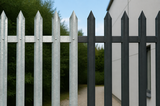 Galvanised palisade fence half bare and half painted charcoal grey