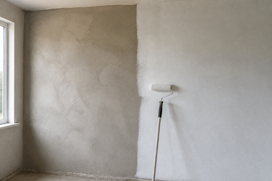 New plaster wall being primed, half raw plaster and half sealed with plaster primer