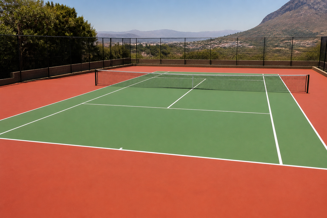 Freshly resurfaced green and terracotta tennis court in South Africa