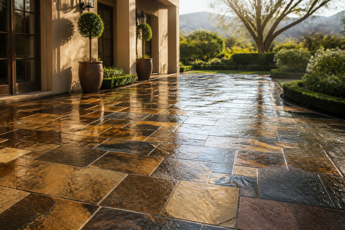 Freshly sealed slasto patio with a satin wet-look finish, water beading on the stone