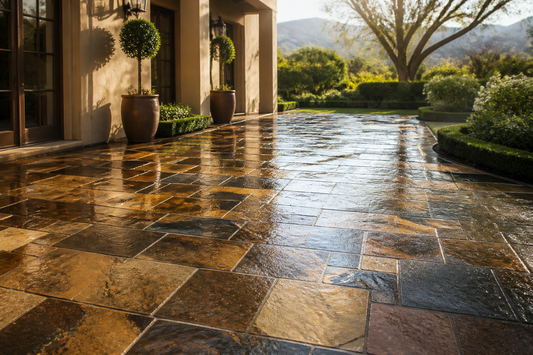 Freshly sealed slasto patio with a satin wet-look finish, water beading on the stone