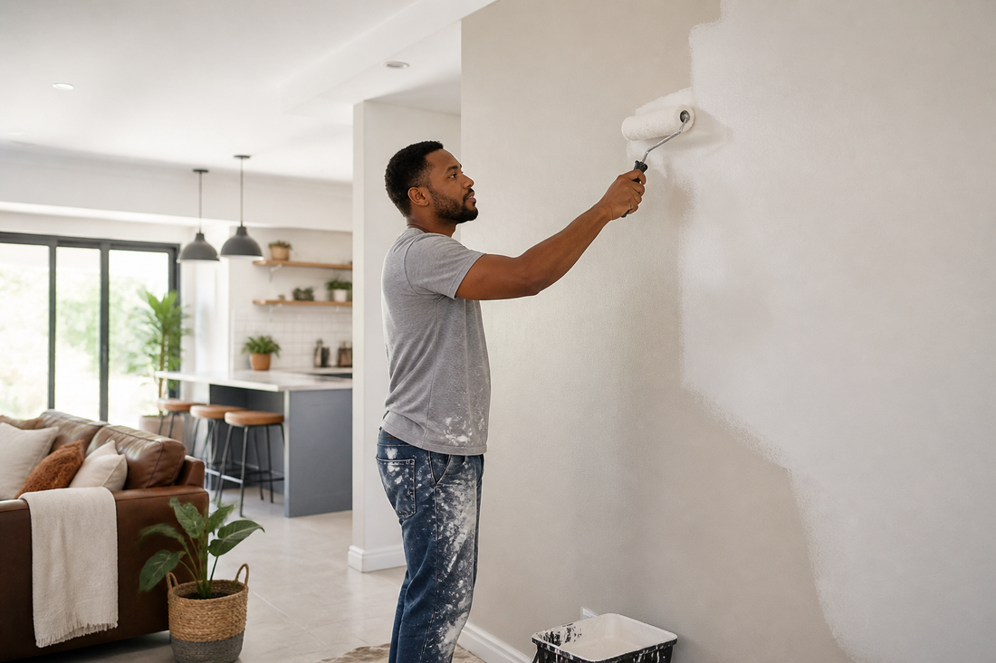Rolling fresh paint onto an interior wall in a South African home