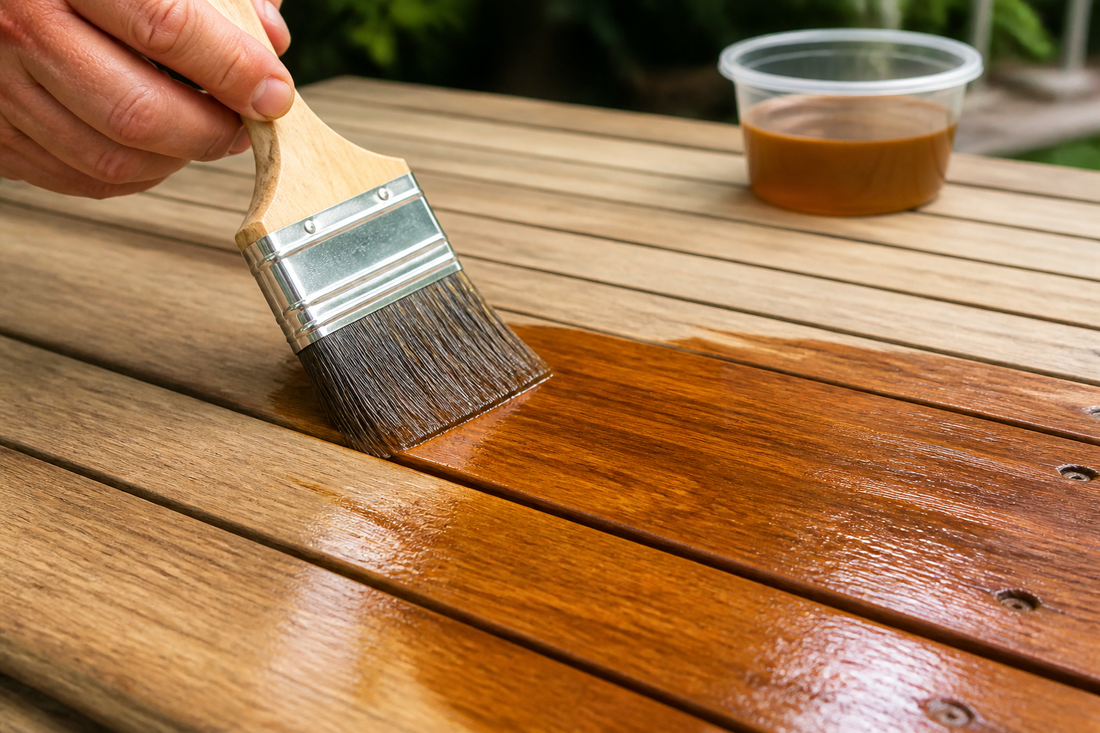 Applying penetrating wood oil to a timber deck, oil soaking into the grain