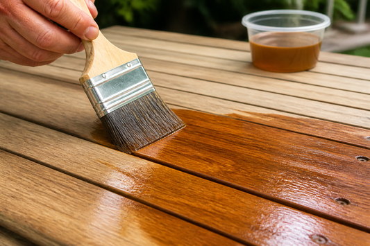 Applying penetrating wood oil to a timber deck, oil soaking into the grain
