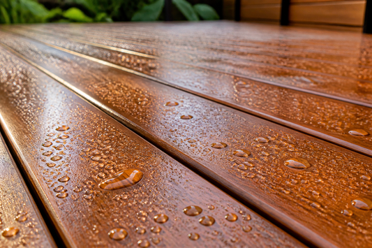 Water beading on a freshly sealed wooden deck
