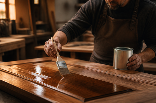 Brushing glossy clear varnish onto wood, grain visible under the wet coat