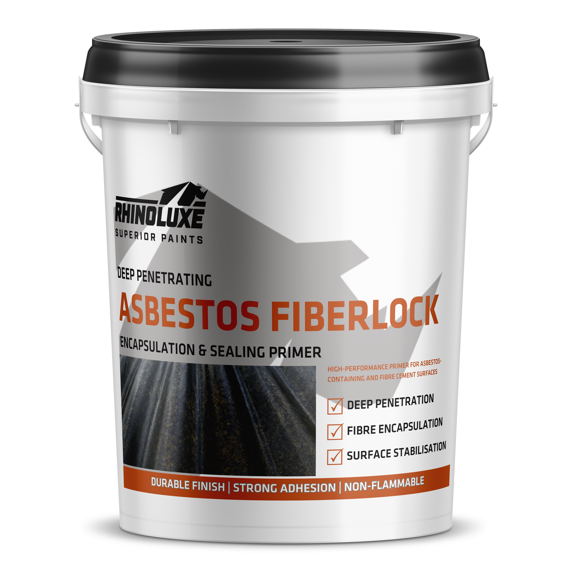 White paint bucket with black lid labeled 'Rhinoluxe Asbestos Fiberlock' on a white background