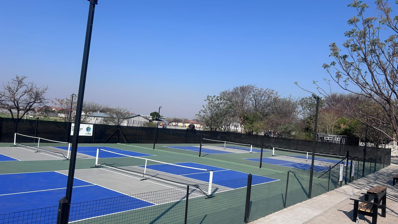 Outdoor pickleball court with blue and gray surface, surrounded by trees and clear sky.
