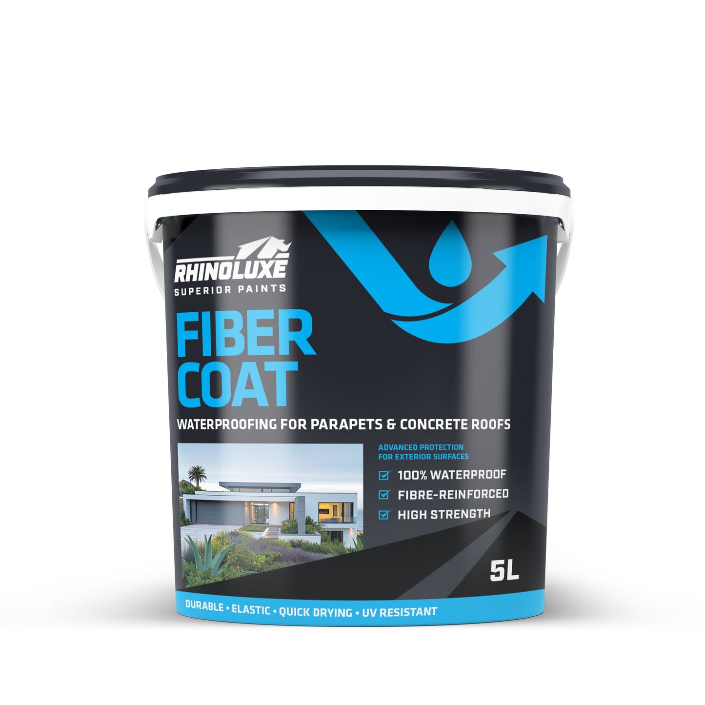 RhinoLuxe Fiber Coat waterproofing paint container on a white background