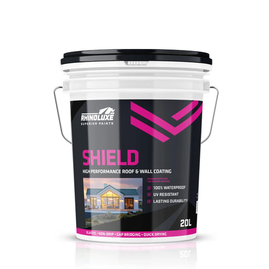 SHIELD waterproof paint in a 20L container with UV resistance, ideal for high-performance roof and wall coating.