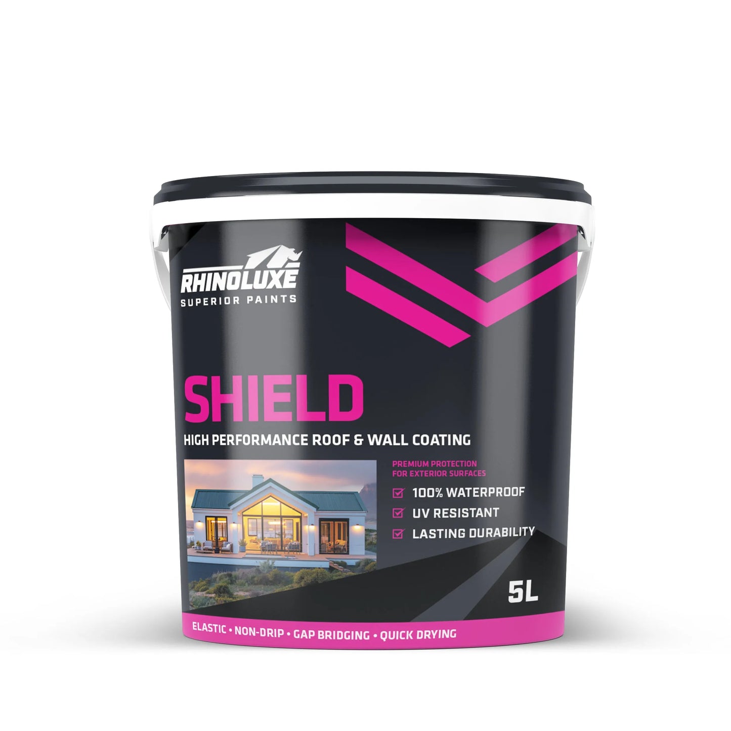 SHIELD waterproof paint bucket for roofs and walls, featuring UV resistance and lasting durability in a 5L container.